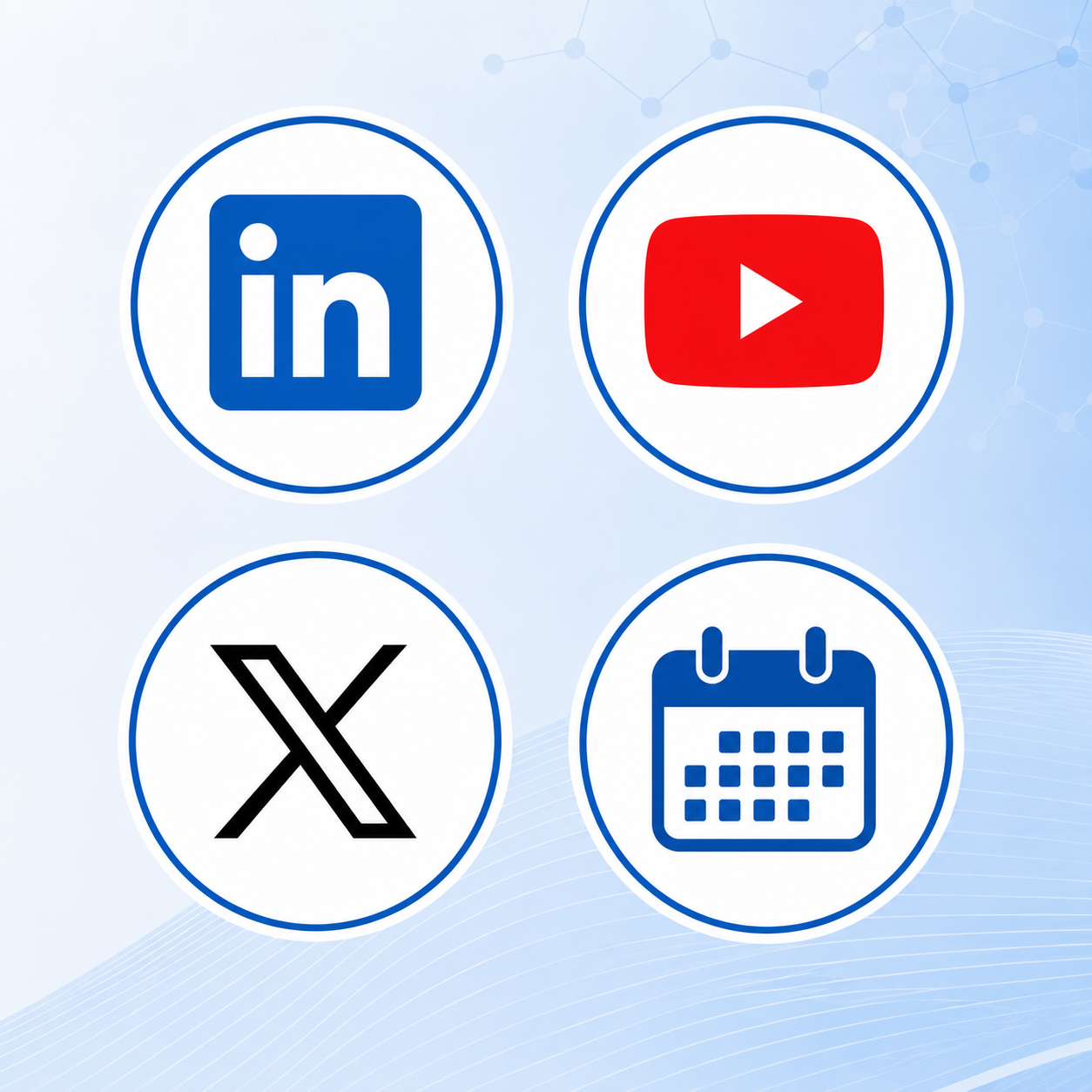 Images of LinkedIn, YouTube, and X logo plus a calendar logo